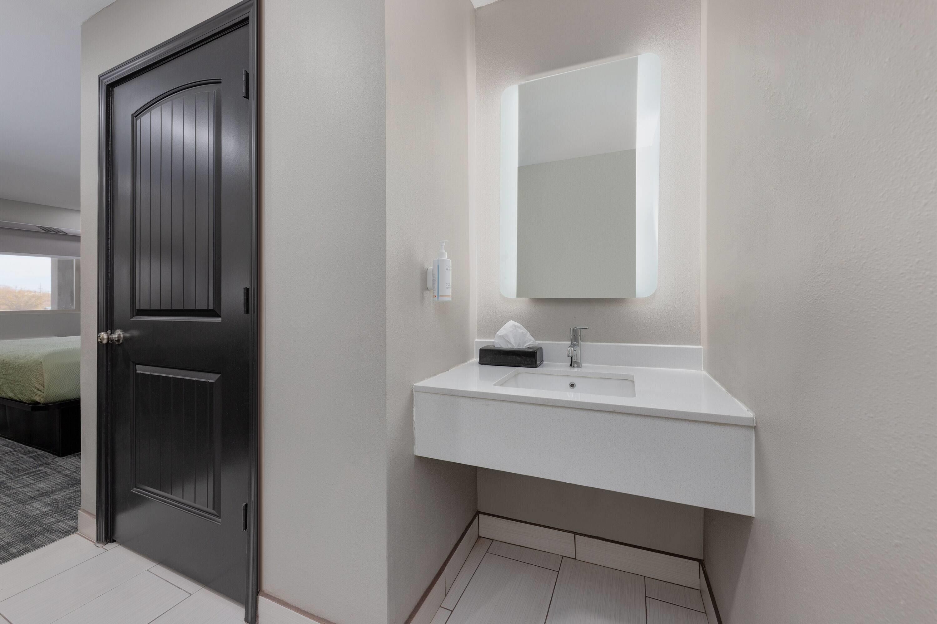 A modern bathroom with a dark wooden door, a white sink, and a large mirror.