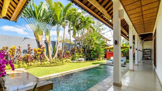 A modern pool area with a clear view of the pool, surrounded by lush tropical plants and a covered walkway.