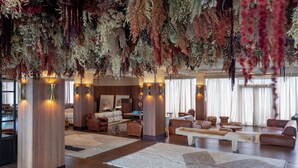 A spacious living area with a large sofa set, a coffee table, and a fireplace. There are several pillars with lights, and the room has a high ceiling with hanging plants. - BODBE Hotel (Sighnaghi)