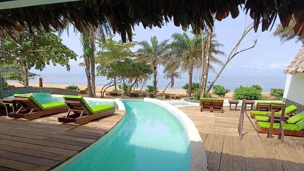A pool area with wooden loungers and a curved pool, surrounded by palm trees and a view of the beach.