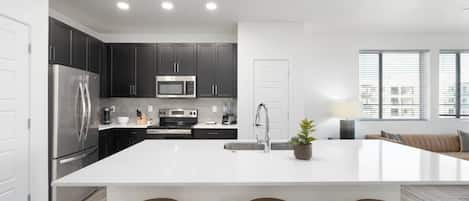 Fridge, microwave, oven, stovetop