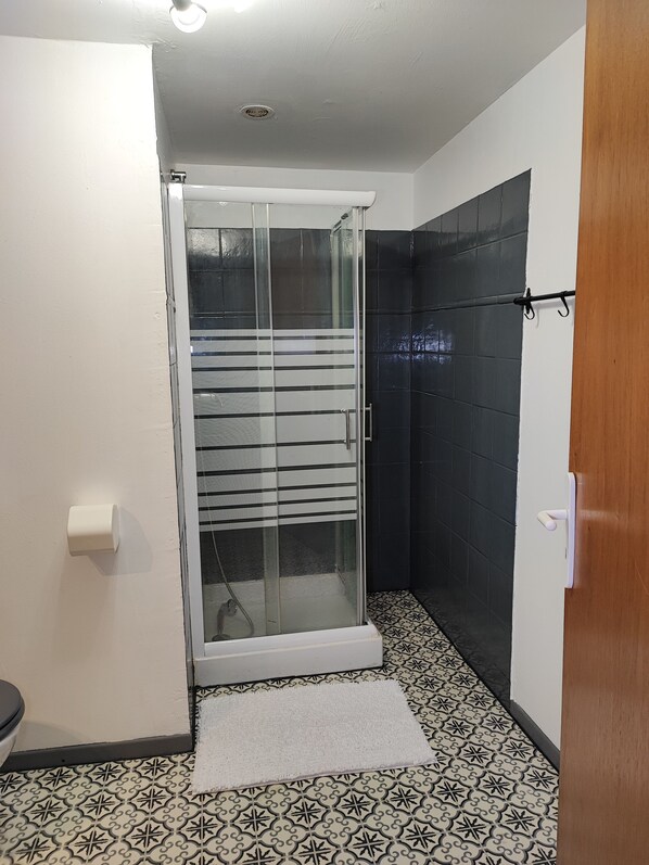 A bathroom with a glass shower enclosure, a toilet, and patterned floor tiles.