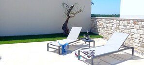 Relax in style on this serene patio, complete with comfortable lounge chairs and a tranquil grassy area.