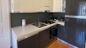 Cocina compacta con un lavamanos de acero inoxidable, cocina a gas y refrigerador negro.