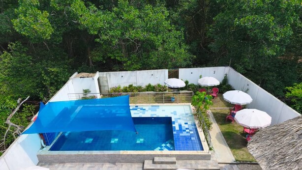 Une piscine dotée d’une terrasse carrelée bleue, entourée de chaises longues et de parasols.