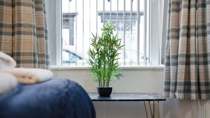 Una habitación con ventana, una planta en maceta, cama y cortinas.