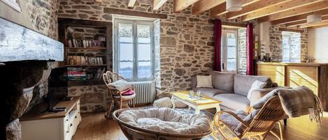 Smart TV, chimenea y libros