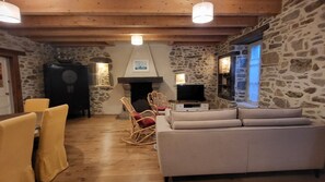 TV connectée, cheminée, livres