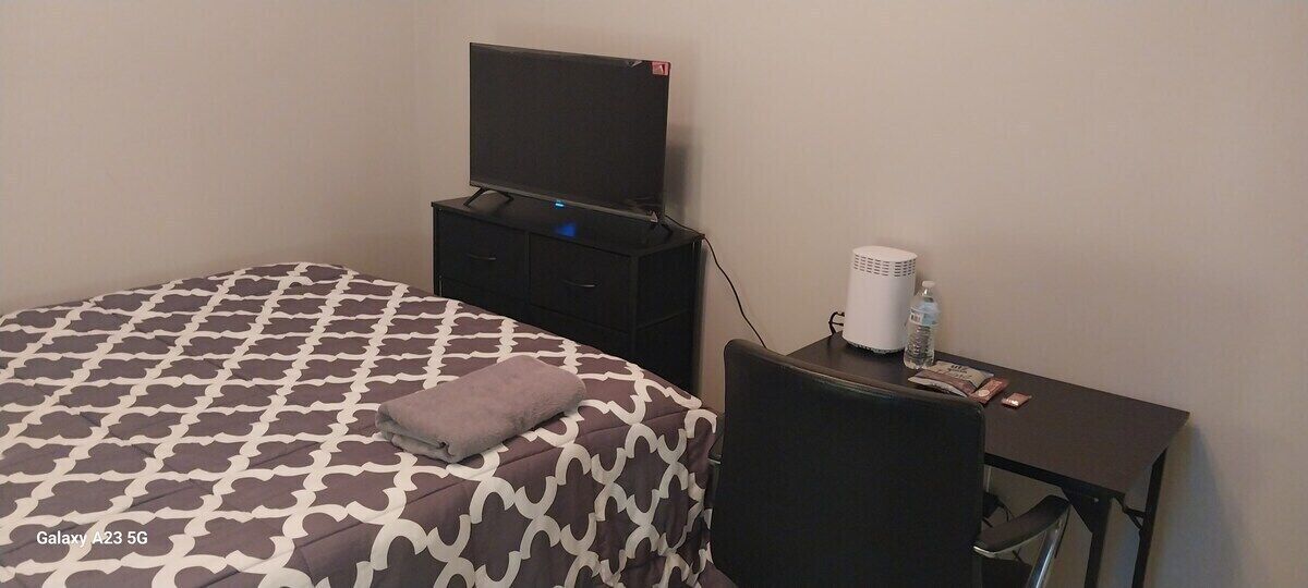 A hotel room with a bed, a TV, a desk with a computer, and a heater.
