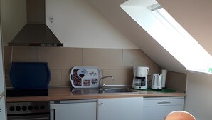 Eine kompakte Küche mit Gasherd, Backofen, Geschirrspüler und einer kleinen Spüle.