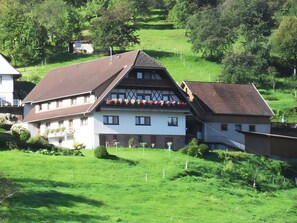 Uma casa tradicional em estilo chalé, com telhado inclinado, varanda com floreiras e um gramado bem cuidado.