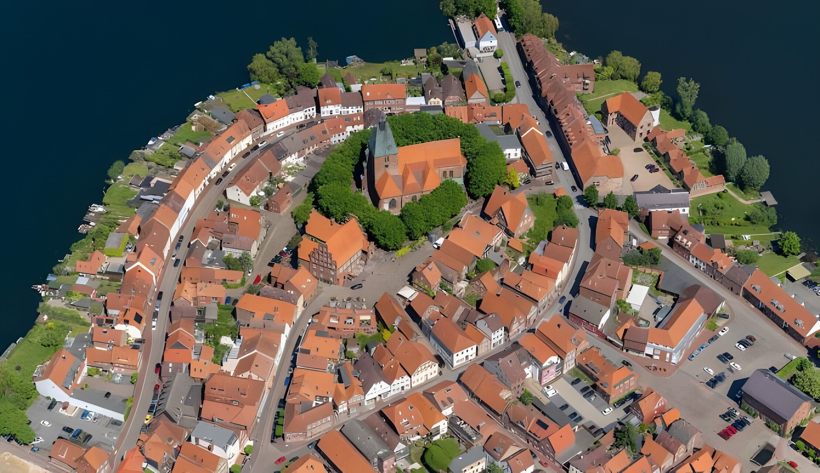 Une vue aérienne d’une ville avec une place centrale, des rues étroites et des bâtiments aux toits recouverts de tuiles rouges.