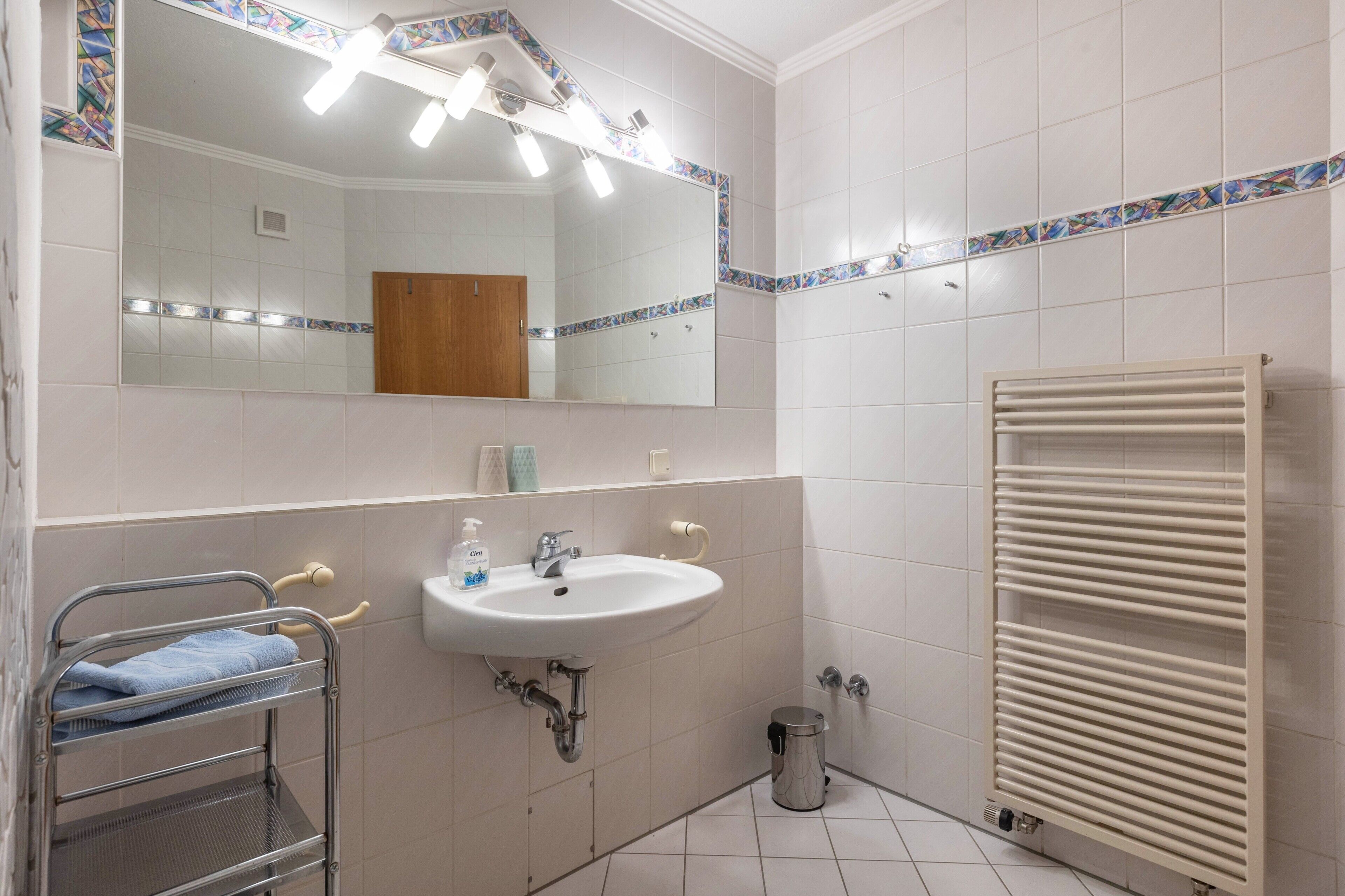 A bathroom with a sink, mirror, towel rack, and radiator.