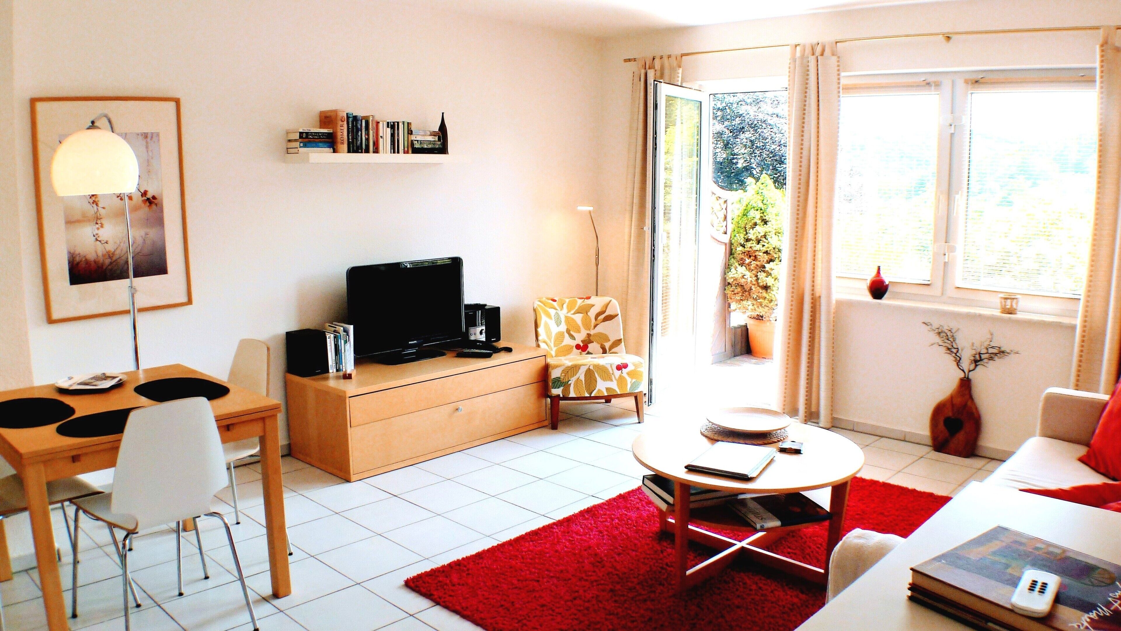 Un salon avec un téléviseur, des étagères à livres, un tapis rouge et une fenêtre donnant sur un paysage verdoyant.