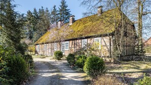 A traditional stone house with a sloped roof, surrounded by dense trees and a gravel path leading to the entrance.