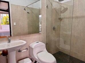 Shower, jetted tub, towels, soap