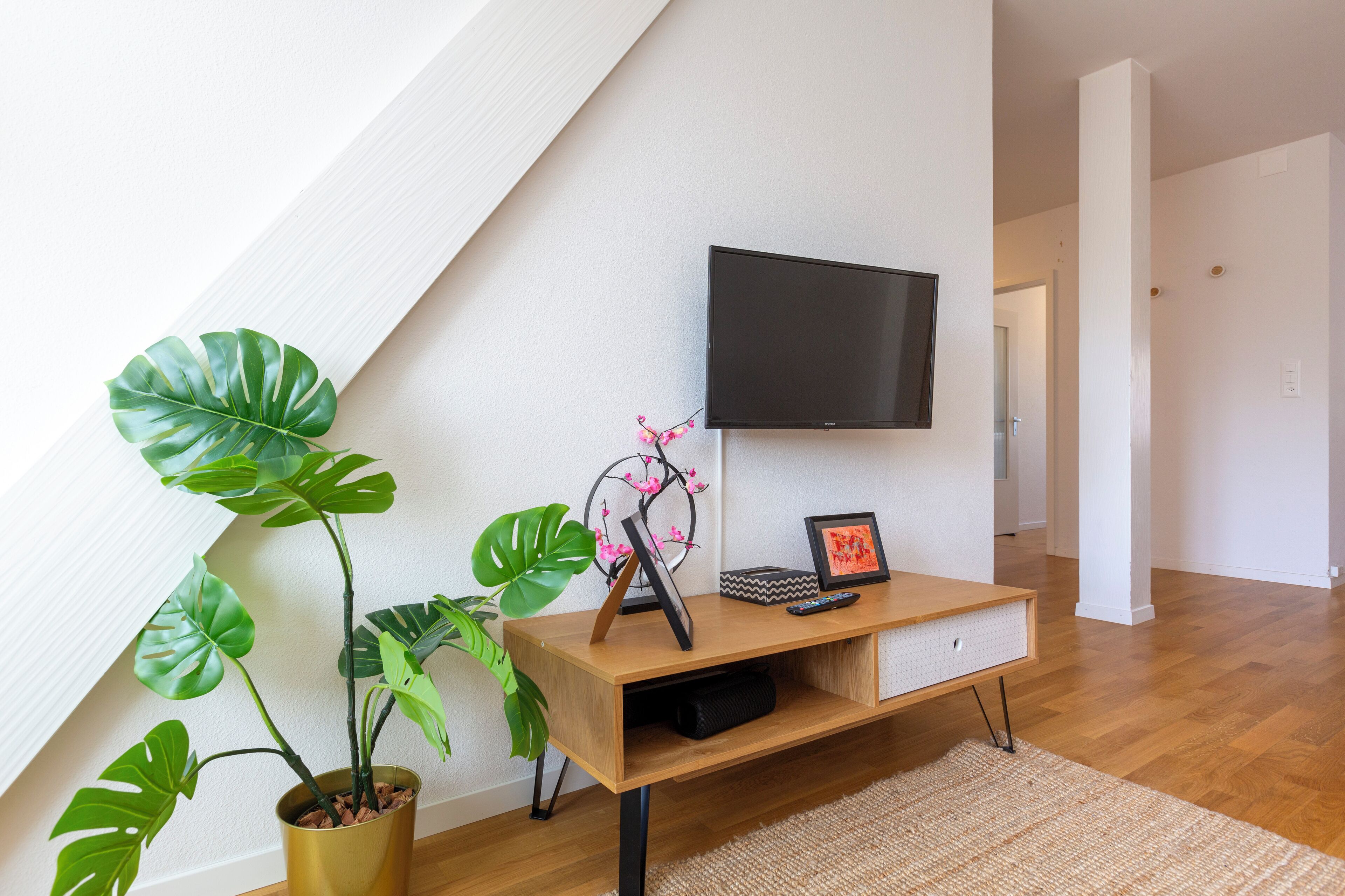 A modern living room with a wooden TV stand, a flat-screen TV, a potted plant, and a framed picture.