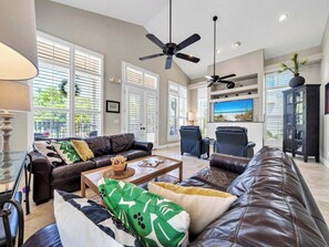 Smart TV, fireplace, books