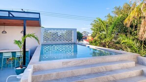 A modern outdoor pool area with steps leading down to the water, surrounded by tropical plants and a clear sky.