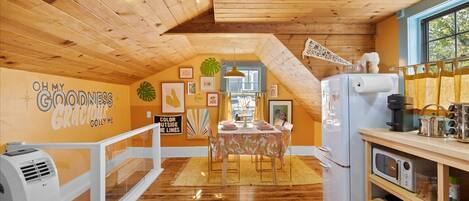 Fridge, microwave, stovetop, coffee/tea maker