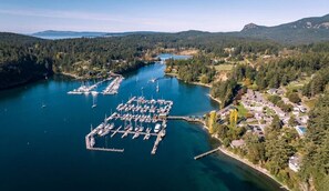 Vue aérienne d’une marina où sont amarrés des bateaux, entourée de collines boisées et d’un petit quartier résidentiel.