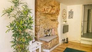 Una habitación con pared de piedra, suelo de madera, alfombra verde, una pequeña mesa con una planta y un televisor.