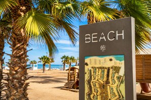 A beach sign with a map and palm trees in the background.