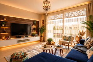 A modern living room with a large flat-screen TV, comfortable seating, and decorative plants.