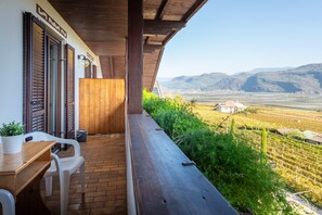A balcony with a wooden table and chairs, a potted plant, and a view of a vineyard and mountains. - 723F Apartment Burgunderhof (Termeno sulla strada del vino)