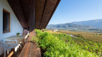 Eine Terrasse mit Holztisch und -stühlen mit Blick auf einen Weinberg und entfernte Berge.