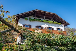 A traditional chalet with a sloped roof, wooden balcony railings, and a white exterior. - 723B Apartment Burgunderhof (Termeno sulla strada del vino)