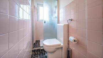 Une petite salle de bain comprenant des toilettes, une douche et un porte-rouleau de papier toilette.