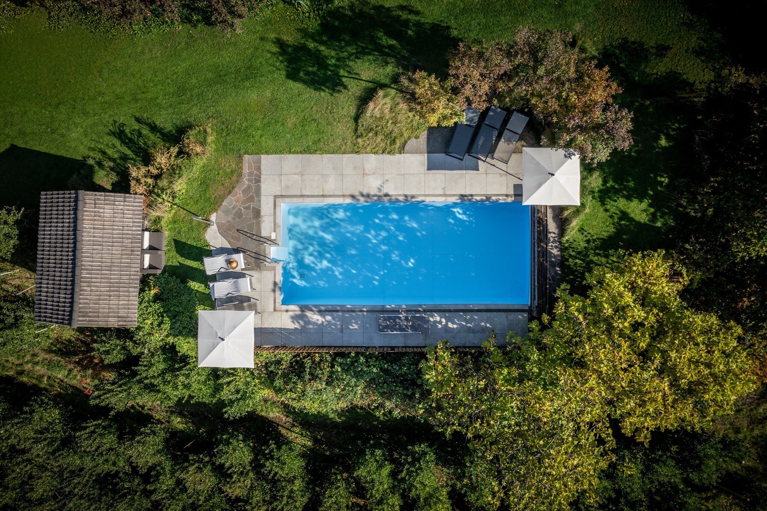 An aerial view of a rectangular swimming pool with a tiled deck, surrounded by trees and a grassy area.