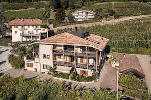 A multi-story building with a sloped roof, surrounded by vineyards.