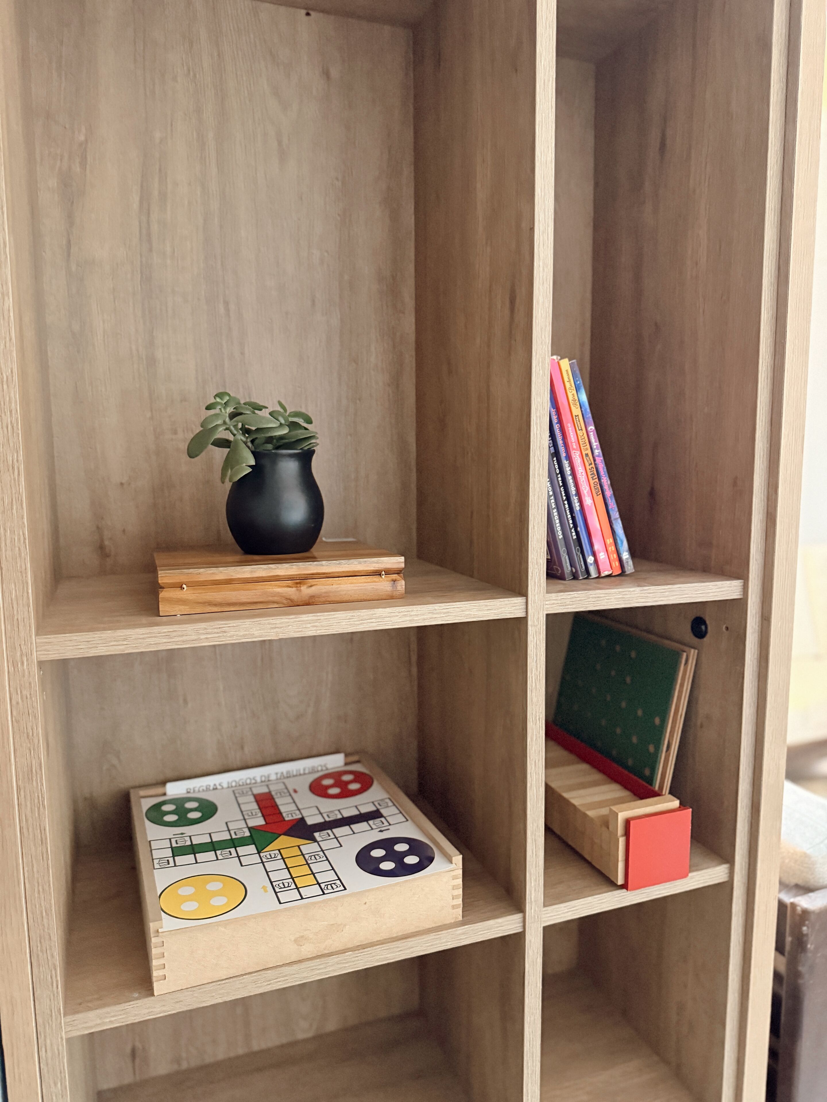 Ein Holzregal mit einem Blumentopf, einem Brettspiel und einer Reihe Bücher.