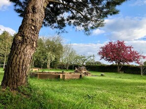 A garden with a large tree, a wooden raised bed, and a red flowering tree.