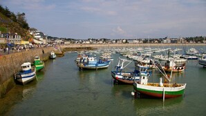Un port où de nombreux bateaux sont amarrés, une plage de sable et des bâtiments qui bordent la côte.