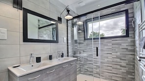 Shower, hair dryer, towels