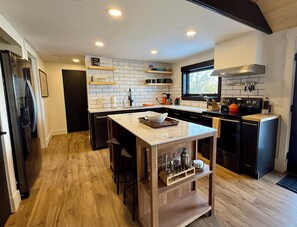 Fridge, microwave, oven, stovetop - Rustic Modern Luxury Cabin with Private Cedar Hot Tub and Yoga Sun Hut (Fairplay)