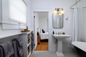 Hair dryer, towels, soap, toilet paper