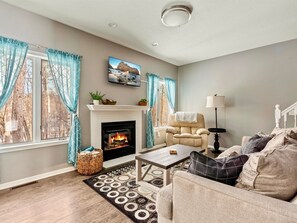 Una Smart TV, una chimenea, libros, una videoteca