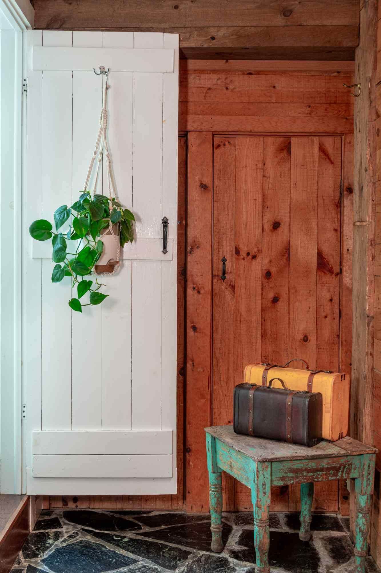 A rustic wooden door with a white panel, a macrame plant hanger, a suitcase on a small table, and a patterned floor.