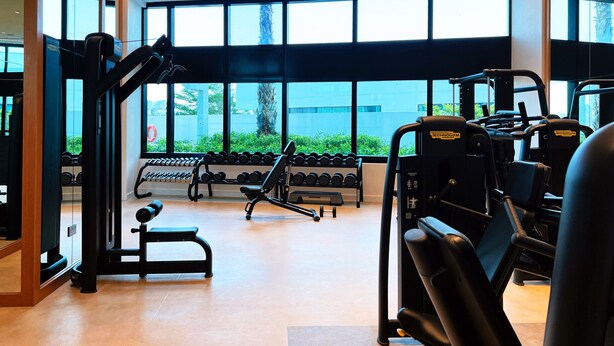 Une salle de sport moderne équipée de divers appareils d’exercice, dotée de grandes fenêtres et offrant une vue sur la verdure environnante.