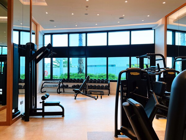 Un gimnasio moderno con diversos equipos de ejercicio, ventanas amplias y vistas al exterior con vegetación.