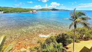 A tropical beach with clear water, rocky shore, and lush greenery.
