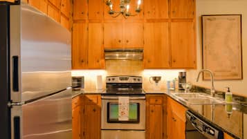 Fridge, microwave, coffee/tea maker, cookware/dishes/utensils