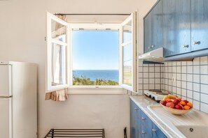 Fridge, stovetop, coffee/tea maker, electric kettle