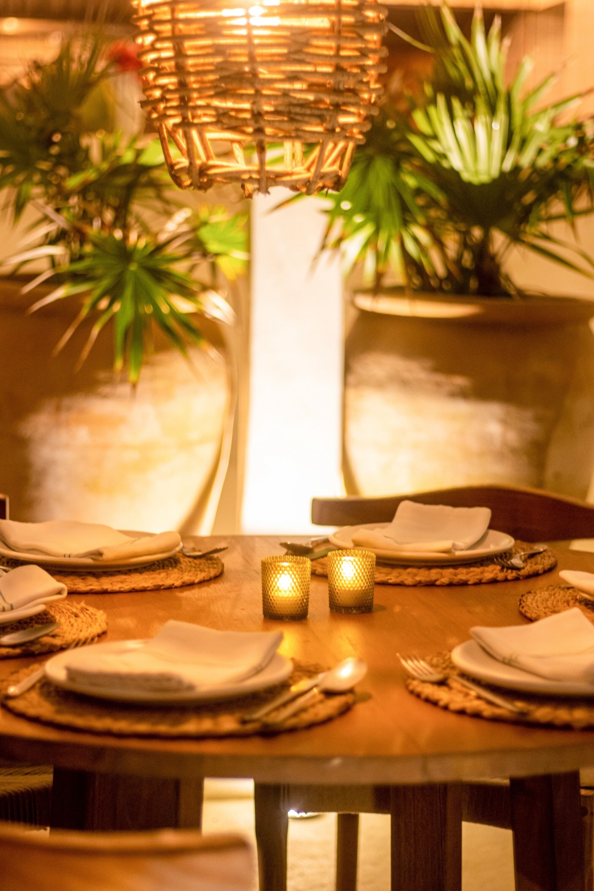 A dining table set with plates, cutlery, and napkins, surrounded by potted plants and a decorative hanging light fixture.