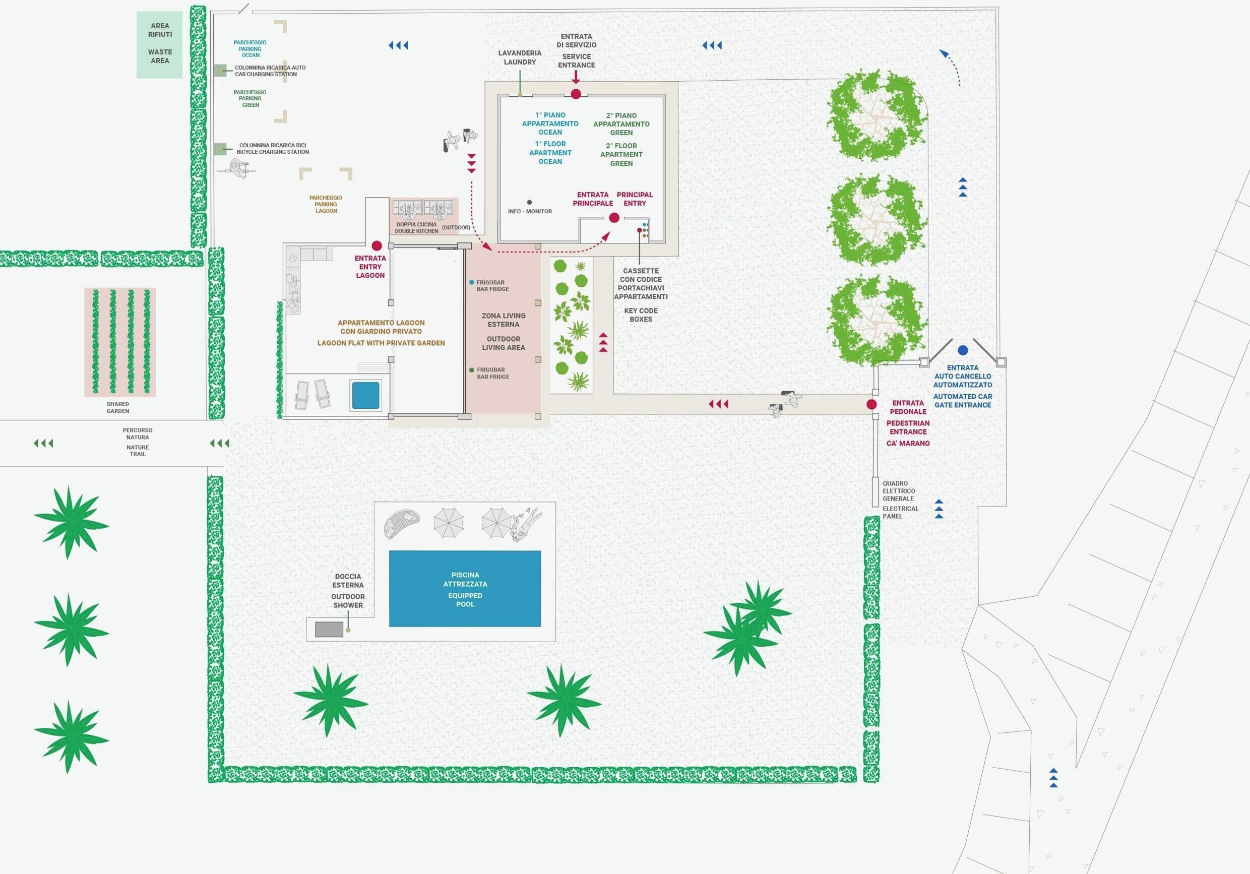 Grundriss eines Hotels mit Parkplatz, Wäscherei, Liefereingang, Wohnbereichen und einem Pool.