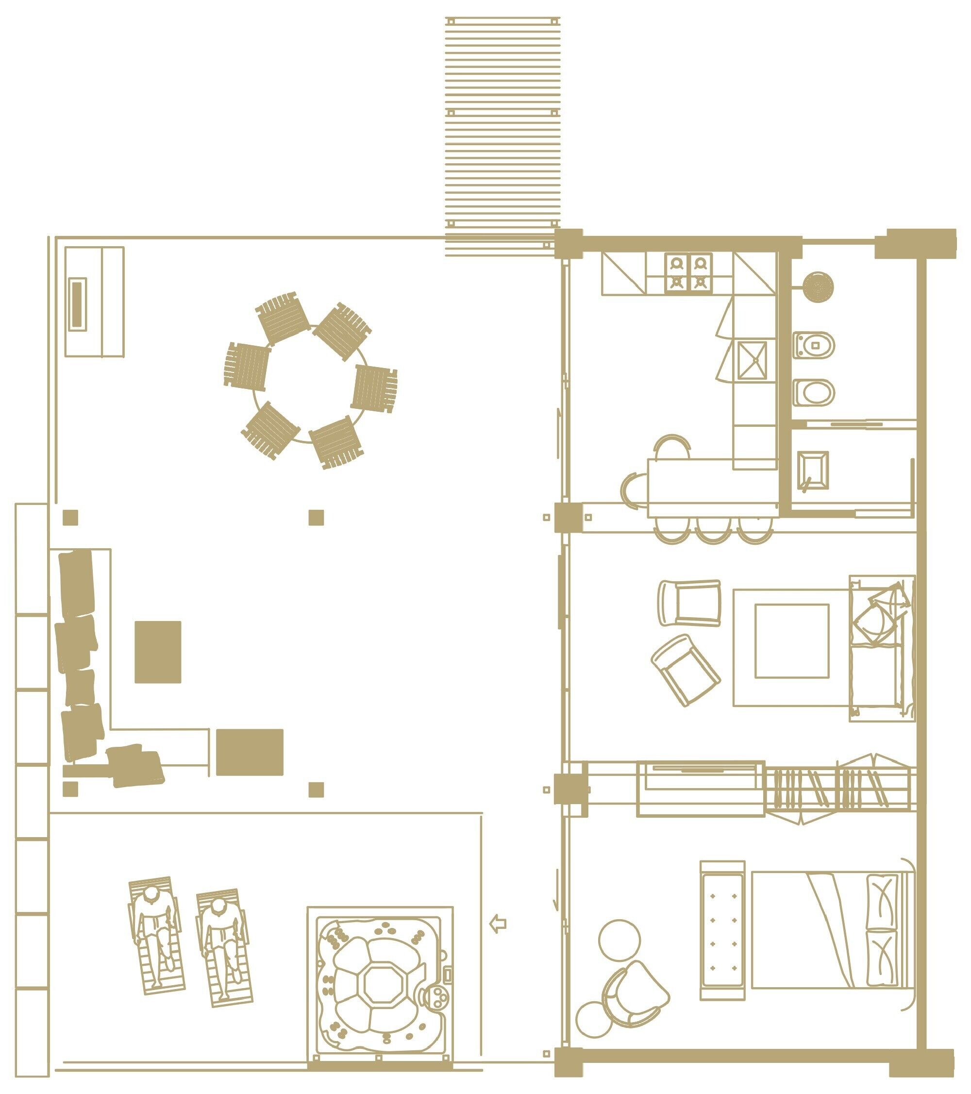 A hotel layout with a circular seating area, a large bed, a bathroom, and a small balcony.
